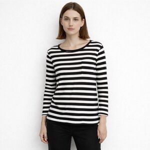 Joan Vass Black White Striped Long Sleeve Tee XS | 100% Rayon Relaxed Fit Top